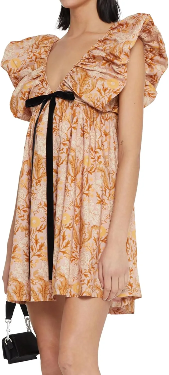 hibshaby Women's Floral Print Mini Dress V Neck Puff Sleeve Dress Short Babydoll Bow Dress