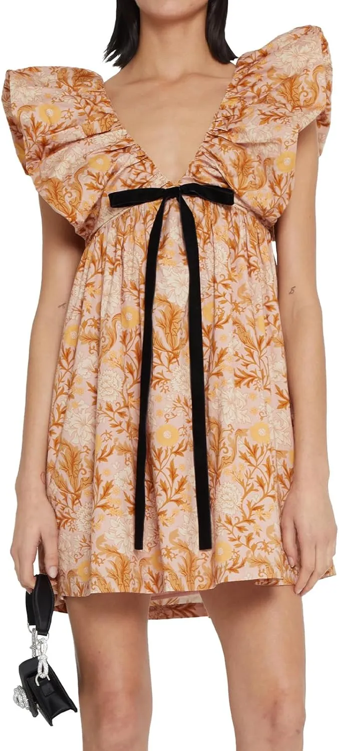 hibshaby Women's Floral Print Mini Dress V Neck Puff Sleeve Dress Short Babydoll Bow Dress