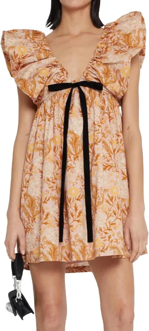 hibshaby Women's Floral Print Mini Dress V Neck Puff Sleeve Dress Short Babydoll Bow Dress