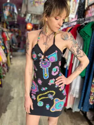 Reworked Colorful Clocks Vintage Halter O-ring Dress