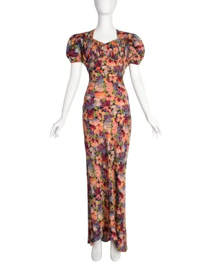 Vintage 1930s Black Colorful Floral Floral Rayon Bias Puff Sleeve Gown