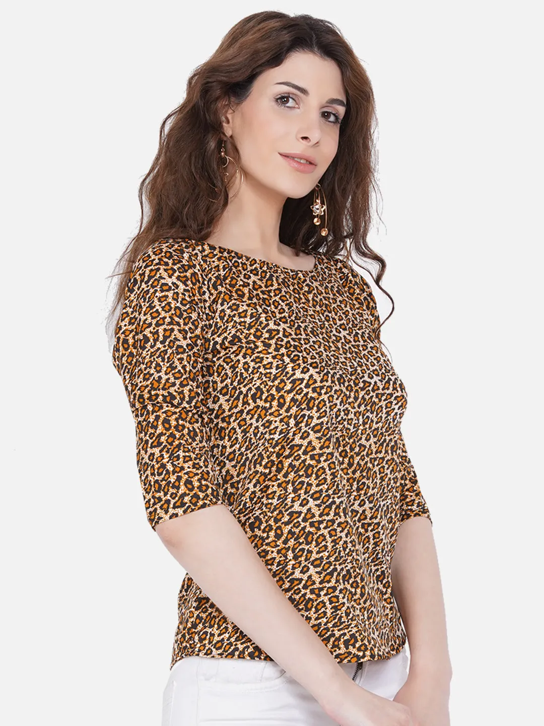 Women Brown Animal Print Crepe Top